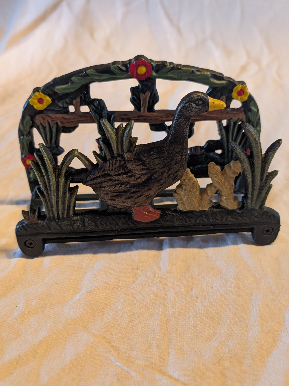 2/60$ Vintage Black and Yellow Duck Cast Iron Napkin Holder